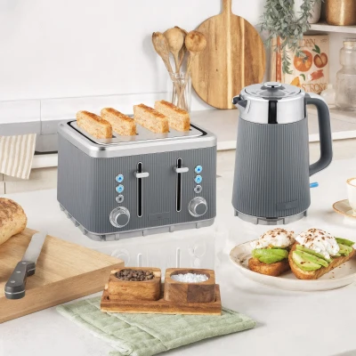 HOMCOM 2200W, 1,7L waterkoker met snelkookfunctie, kalkfilter en 4-sneetjes broodrooster met 7 bruiningsstanden, grijs
