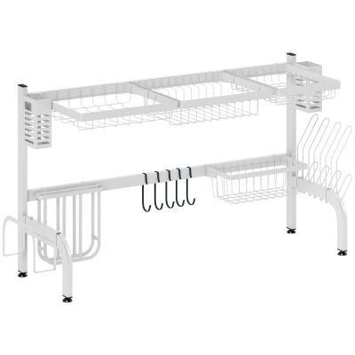 HOMCOM Escurreplatos de Acero de 2 Niveles para Fregadero con Soporte de Tabla de Corte y Cubiertos 100x30x54,5cm Blanco