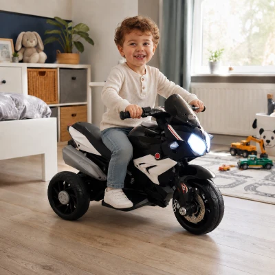 HOMCOM Elektrische kindermotorfiets, verlichting & geluiden, 3 km/u, oplaadbaar, kunststof & metaal, Zwart/Wit
