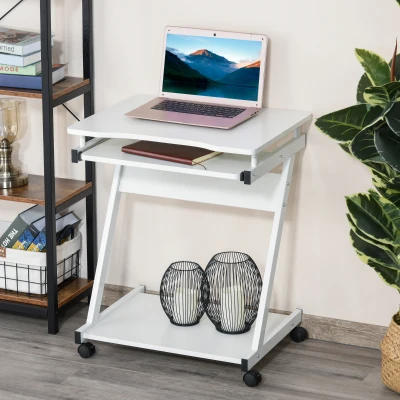 HOMCOM Mesa de Ordenador con Ruedas 60x48 cm con Bandeja Deslizante para Teclado y Estante Inferior Marco Metálico Blanco