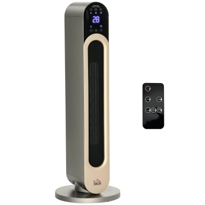 HOMCOM Calefactor Cerámico de Torre 1100/2200W con Mando Pantalla LED Temporizador y Oscilación Ø25x73,5 cm Plata