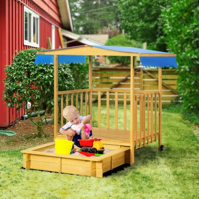 Outsunny Zandbak met Speelhuis en Dak, 133 x 129 x 137,5 cm, Natuur + Blauw