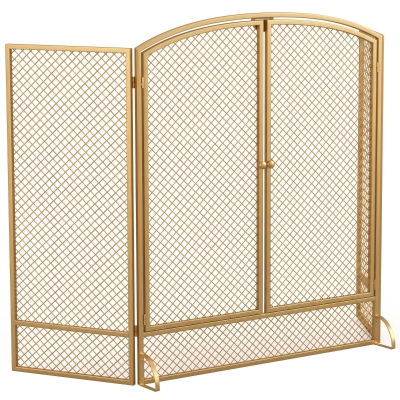 HOMCOM Protector de chimenea plegable de 3 piezas con puertas dobles, rejilla metálica resistente al calor, color dorado