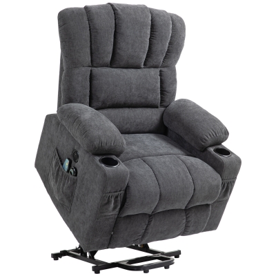 HOMCOM elektrische TV-relaxstoel met sta-op hulp, ligfunctie, verwarmings- en massagefunctie, met afstandsbediening, USB, bekerhouders en zijvak, donkergrijs