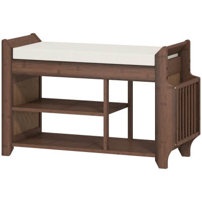 HOMCOM Shoe Bench 2-Tier Storage Cushioned Seat 100x30x50cm Brown Cream