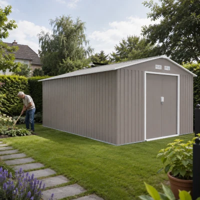 Outsunny Berging, Weerbestendig tuinhuis voor tuingereedschap, met ventilatieramen, schuifdeuren, staal, lichtgrijs