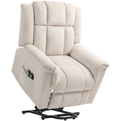 HOMCOM Powerlift Stoel, Massagstoel met Verwarmingsfunctie, Gepolsterde Stoel met Voetsteun, Zijvak, Stoffen Bekleding, Beige
