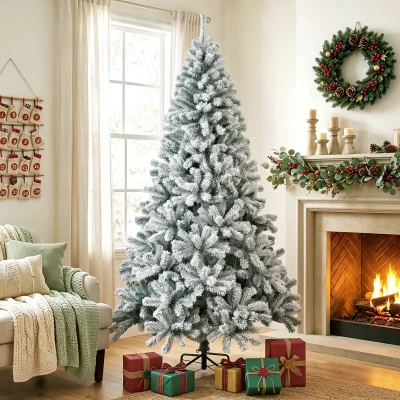 HOMCOM Árbol de Navidad Nevado de 220 cm con 1000 Puntas de PVC Ignífugo Ramas Articuladas Montaje Rápido Verde y Blanco