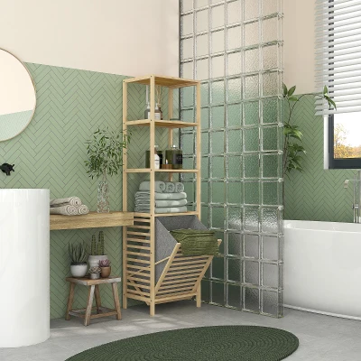 HOMCOM Badkamerrek met Wasmand, 3 Planken, Bamboe Frame, 44x33x160cm, Natuur