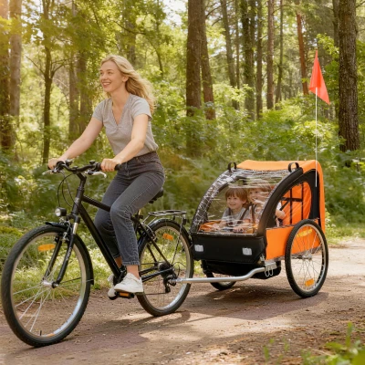 HOMCOM 2-Seat Bike Trailer Steel Carrier Orange Black 130x76cm