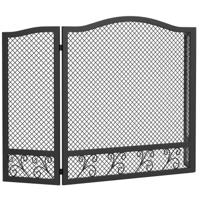 HOMCOM Kamin-Funkenschutz, 3-teiliger klappbarer Funkenschutz, florales Muster, Metall, 107 x 60 cm, Schwarz