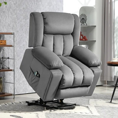 HOMCOM Elektrische Relaxfauteuil met opsta-hulp – Ligstoel met verwarmings- en massagefunctie, afstandsbediening, bekerhouder, zijvak, USB, pocketvering, fluweel, donkergrijs