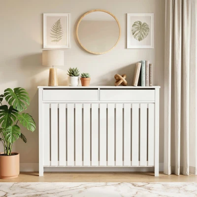 HOMCOM Radiator Cover Rustic Wood 93x119cm White