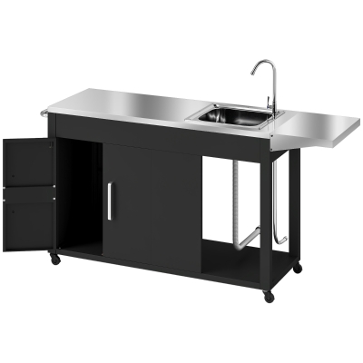 Outsunny Grillwagen Serveerwagen met Werkblad, Uitklapbare Zijplank, Kast, Spoelbak, Wielen, Roestvrij Staal 162,5x47x87cm Zwart