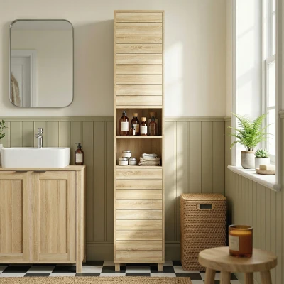HOMCOM Armario Alto para Baño con Estantes Ajustables Puertas de Lamas Apertura por Presión 34x23x170 cm Natural