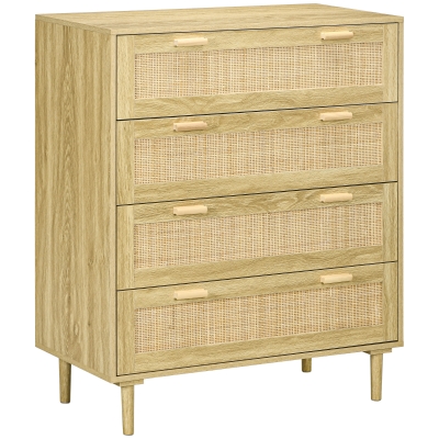 HOMCOM Commode 4 Tiroirs Rotin Style Bohème Bois Clair