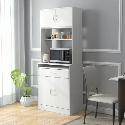 HOMCOM Alacena de Cocina Aparador de Comedor con 4 Puertas Bandeja Extraíble Estante Ajustable Cajón 70x40x180 cm Blanco