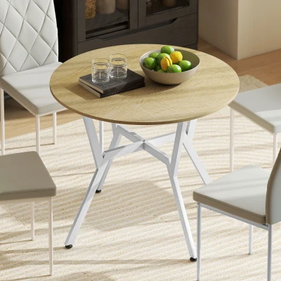 HOMCOM Mesa de Comedor Redonda para 2 Personas Mesa de Cocina Industrial Patas Curvadas de Acero 90x90x76 cm Natural y Blanco