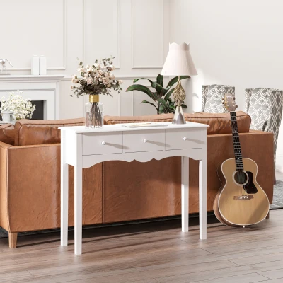Masă Consolă Modernă cu 3 Sertare din MDF, Alb