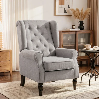 HOMCOM Retro Accent Chair, Wingback Armchair with Wood Frame Button Tufted Design for Living Room Bedroom, Grey