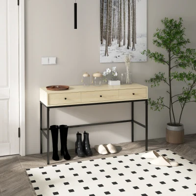 HOMCOM Console 3 Tiroirs Acier/Bois Style Industriel Noir
