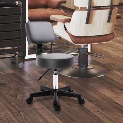 HOMCOM Salonkruk, verstelbaar, ergonomisch, 360° draaibaar, 5 wielen, kunstlederen bekleding, Grijs
