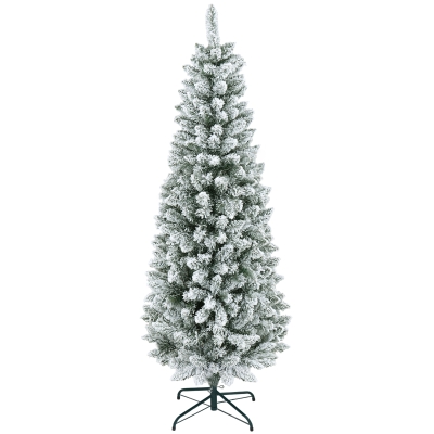 HOMCOM Kunstkerstboom, Slanke Vorm, Kunstmatige Sneeuw, Driedelig, Vlamvertragend, Metalen Voet, 180 cm, Groen