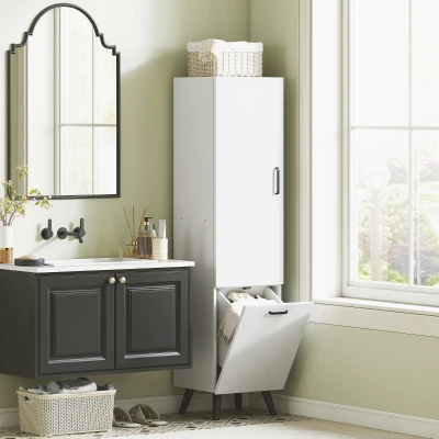 HOMCOM Armario Alto para Baño con Puertas y Estantes Cesto para Ropa Sucia en Espacios Reducidos 35x31,5x144 cm Blanco