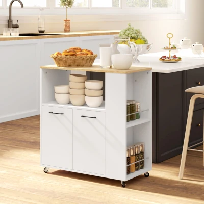 HOMCOM Carrito de Cocina con Ruedas 2 Puertas Estante Ajustable Especieros para Comedor 75x40x80,5 cm Blanco