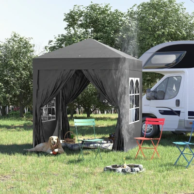 Outsunny Buitenzonnig paviljoen 2x2m vouwpaviljoen 4 zijwanden met raam draagtas staal