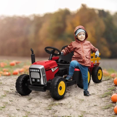HOMCOM Tractor Eléctrico con Remolque para Niños 3-6 Años con Control Remoto y Cinturón de Seguridad 136,5x50x52,5 cm Rojo