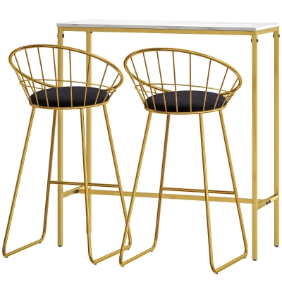 HOMCOM Ensemble Table Bar avec 2 Tabourets Acier Doré 100x40x107cm