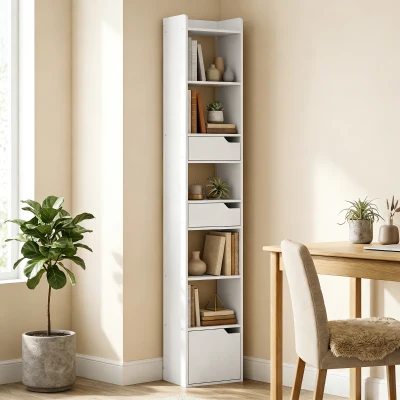 HOMCOM Estante para Livros com 2 Gavetas e Porta Estante Estreita com 6 Prateleiras Abertas 32x24x181,5 cm Branco