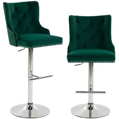 HOMCOM Velvet Swivel Bar Stools Set of 2 Adjustable Green