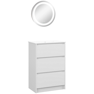 kleankin Móvel com Lavatório 61x37x88 cm e 1 Espelho com Luz LED Anti-Embaciamento Ø50x4,6 cm Branco Brilhante e Prata