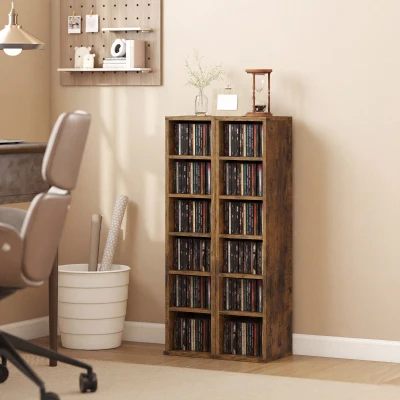 HOMCOM Set de 2 Estanterías para CDs y DVDs con 12 Compartimentos Estantes Ajustables 21x22,5x88,5 cm Marrón Rústico