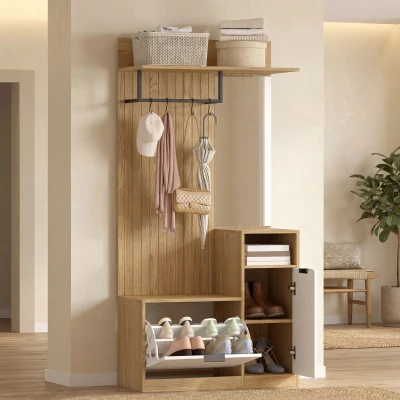 HOMCOM Vestiaire d'Entrée 6 en 1 avec Banc et Miroir Chêne