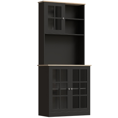 HOMCOM Armário de Cozinha com Prateleiras e Portas de Vidro  Armário Alto de Cozinha para Pequenos Eletrodomésticos e Louças 80x37x183 cm Preto