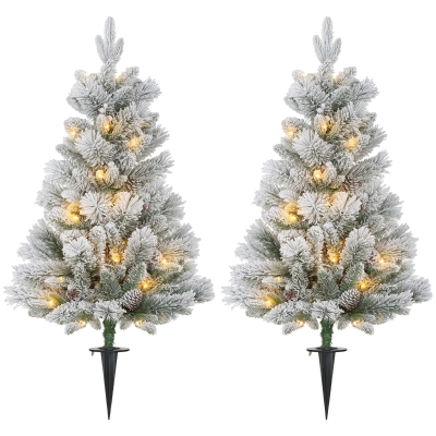 HOMCOM LED-Verlichte Kerstboom, Set van 2, 90 cm, Dennenappels, Rode Bessen, Brandveilig, Groen/Wit
