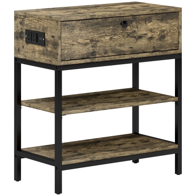 HOMCOM Mesa Auxiliar con Cajón y 2 Estantes con 2 Enchufes y 2 Puertos USB de Estilo Industrial 60x30x66,5 cm Marrón Rústico