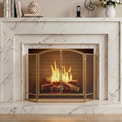 HOMCOM Protector de chimenea plegable de 3 piezas con puertas dobles, rejilla metálica resistente al calor, color dorado