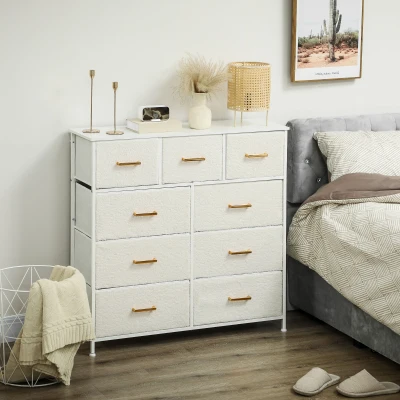HOMCOM Stoffen Dressoir, 9 Laden, Stalen Frame, Elegant, Veelzijdig, Wit
