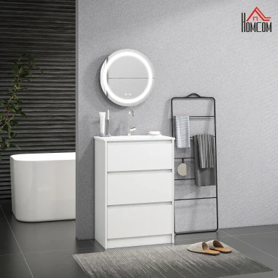 kleankin Móvel com Lavatório 61x37x88 cm e 1 Espelho com Luz LED Anti-Embaciamento Ø50x4,6 cm Branco Brilhante e Prata