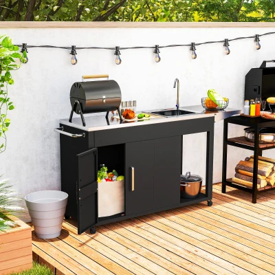 Outsunny Grillwagen Serveerwagen met Werkblad, Uitklapbare Zijplank, Kast, Spoelbak, Wielen, Roestvrij Staal 162,5x47x87cm Zwart