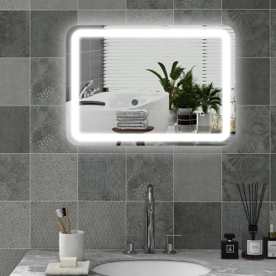 HOMCOM Badkamerspiegel, verlicht, touchbediening, anti-beslag, dimbaar, 3 lichtkleuren, 70x90, zilver