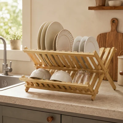 HOMCOM 2-Tier Foldable Kitchen Storage Rack Wood Natural
