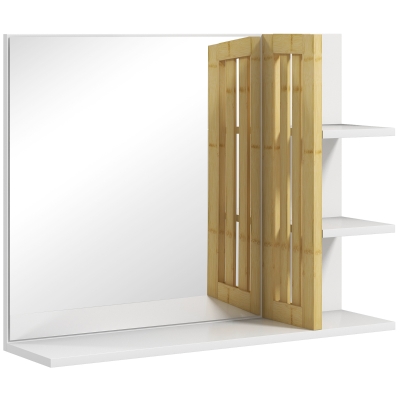 HOMCOM Bamboo Bathroom Mirror with Shelves - White