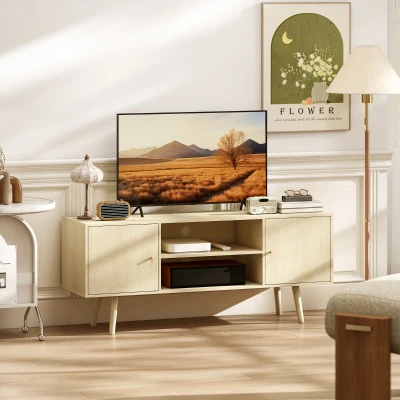 HOMCOM Meuble TV 55" 2 Placards 2 Étagères Effet Bois Naturel