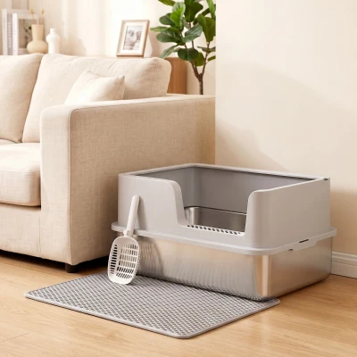 PawHut Bac à Litière XL Acier Inox Gris Bord Haut Pelle