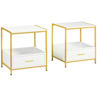 Set 2 noptiere moderne cu sertar și raft, alb și auriu